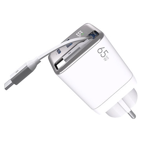 65W GaN PPS Retractable Cable LCD Display Grounded 2-Port Superfast Multi Charger (USB-C Retractable Cable + USB-C Port + USB-A Port)
